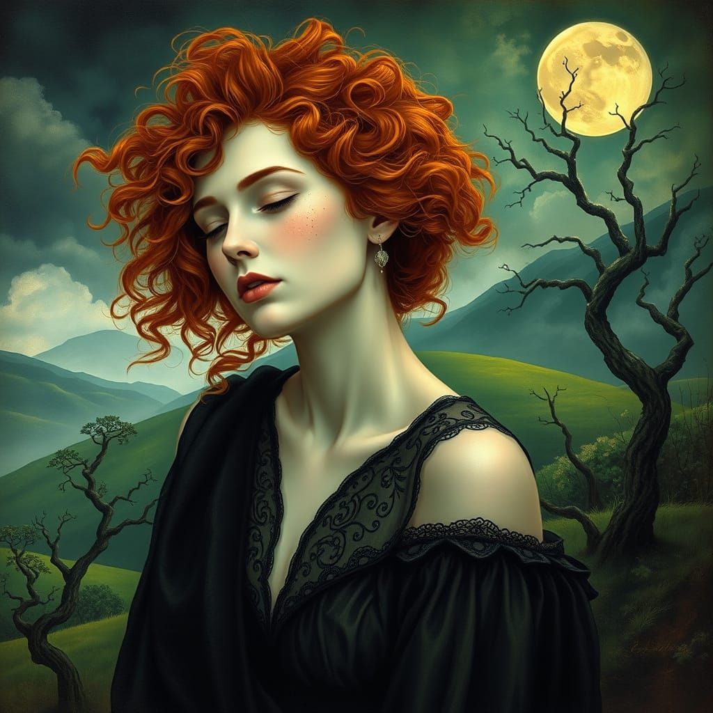Ethereal Irish Goddess Lost in Lush Emerald Landscape