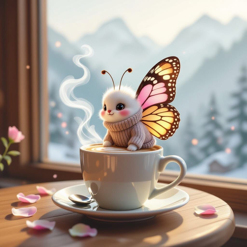Pastel Butterfly on Latte in Misty Cafe: Dreamlike Digital A...