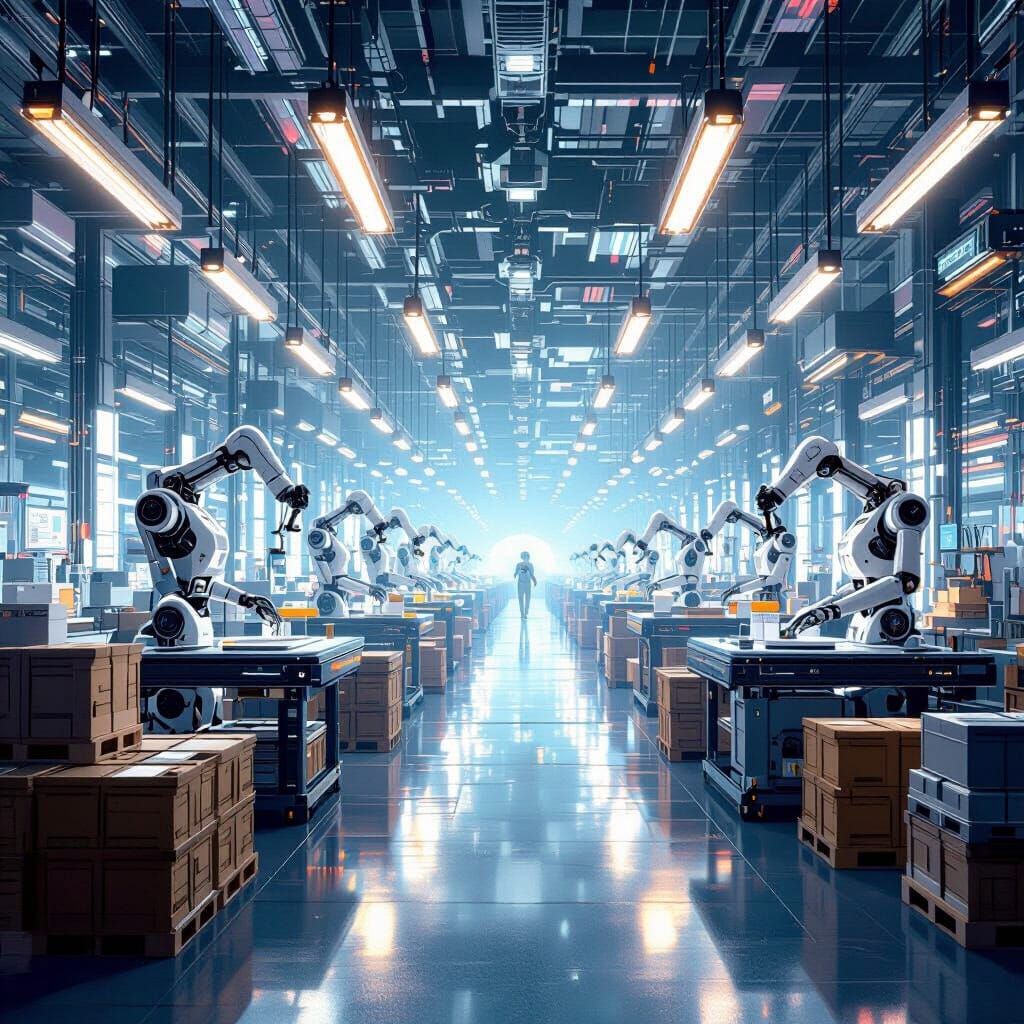 Futuristic Factory Assembling LED Luminaires in Metallic Sty...