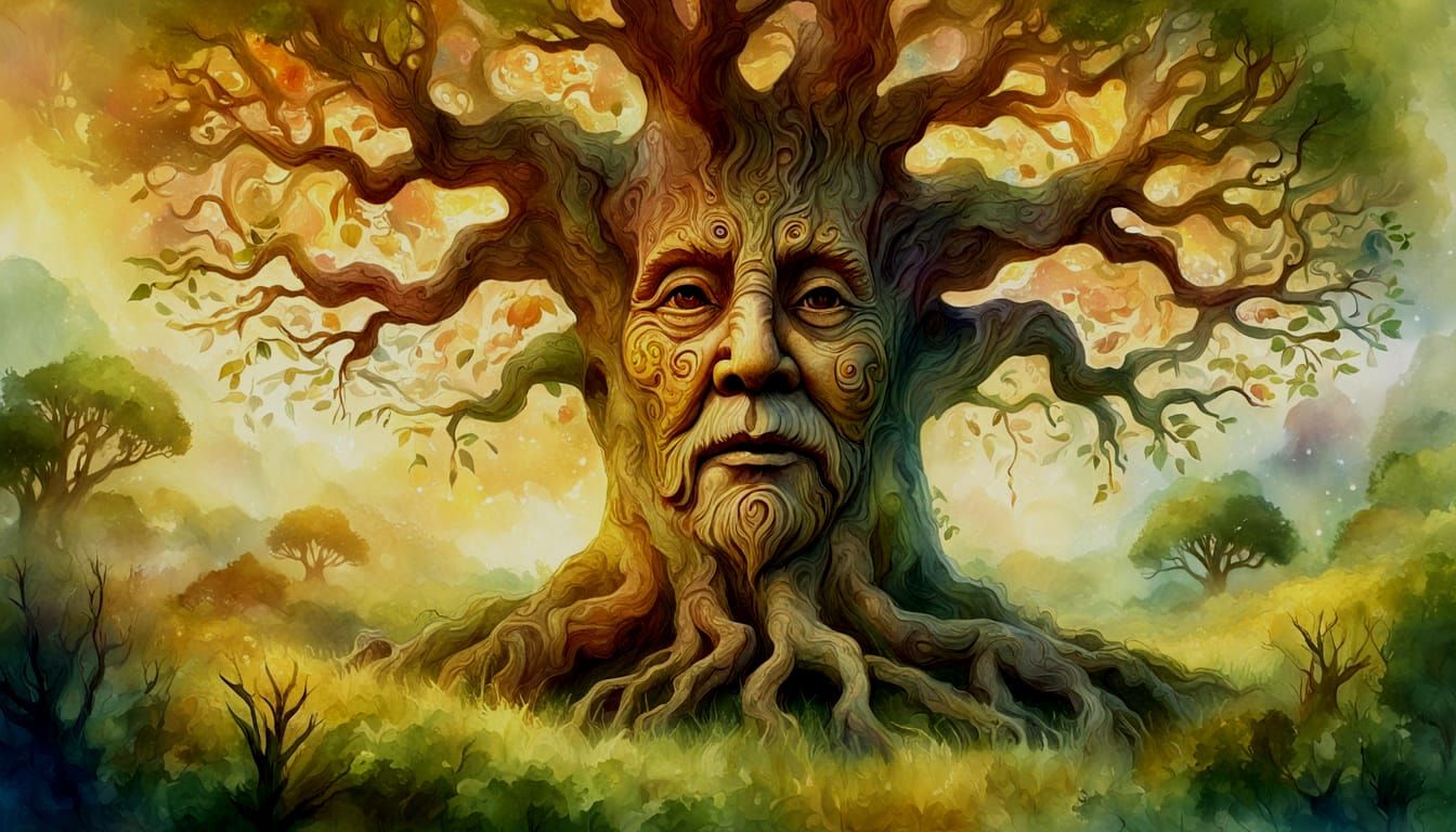 Whimsical Old Tree Guardian in Lush Meadow