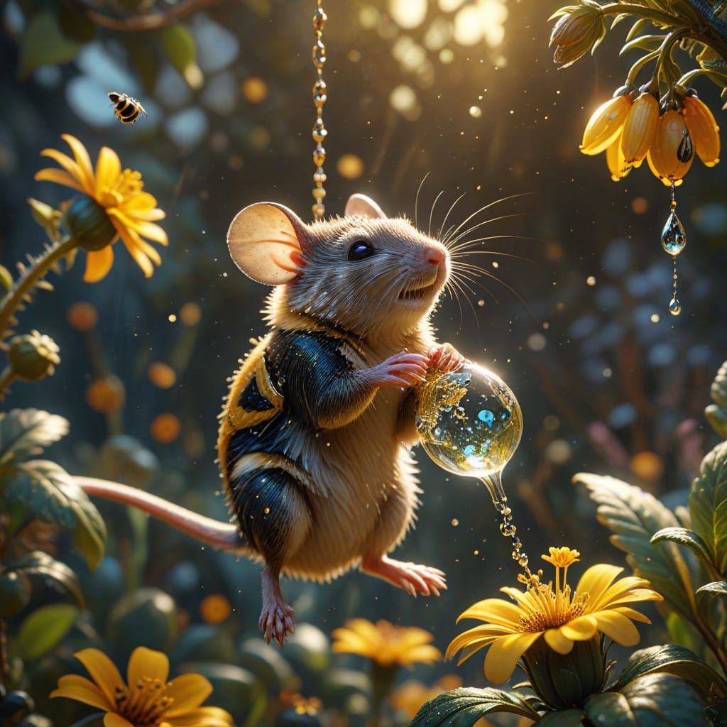 Whimsical Mouse Sips Dewdrop in Vibrant Floral Wonderland