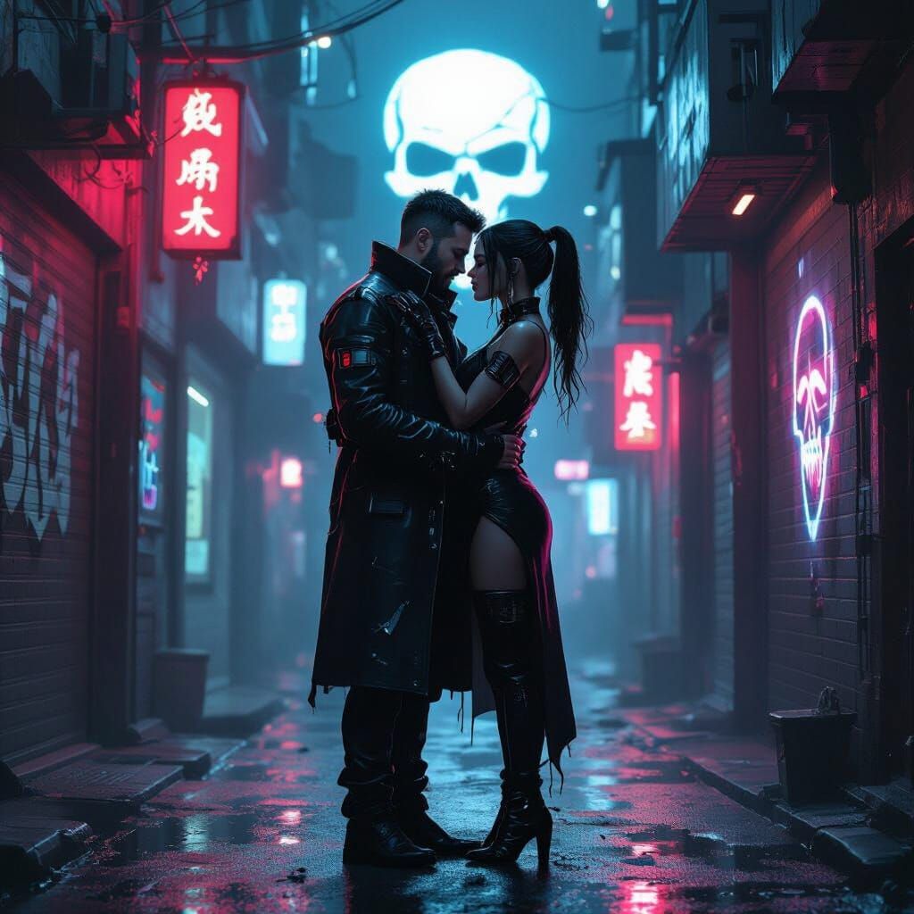 Cyberpunk Couple's Embrace in Noir Setting
