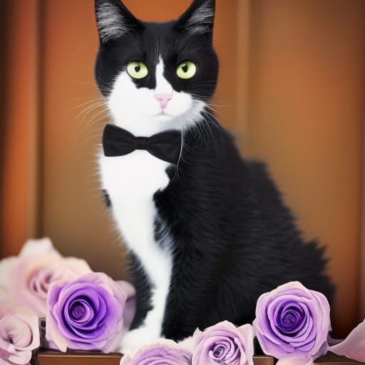 Very cute black and white tuxedo cat with warm brown cat eyes& ethereal purple background that shimmers& glitters& cute ...
