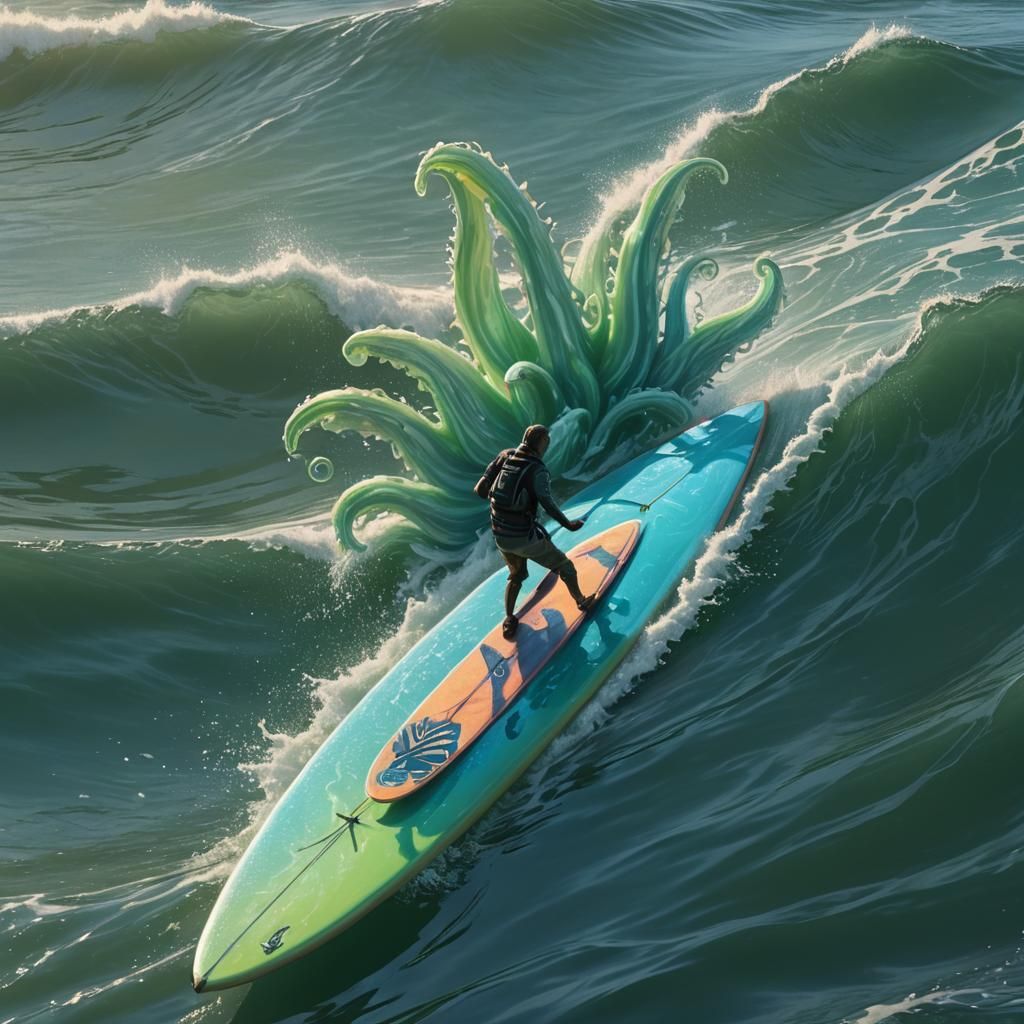 Surfing Squid Rides Ocean Waves: Fantasy Art