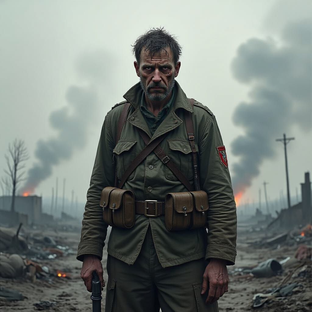 Weary Soldier in Desolate War-Torn Landscape