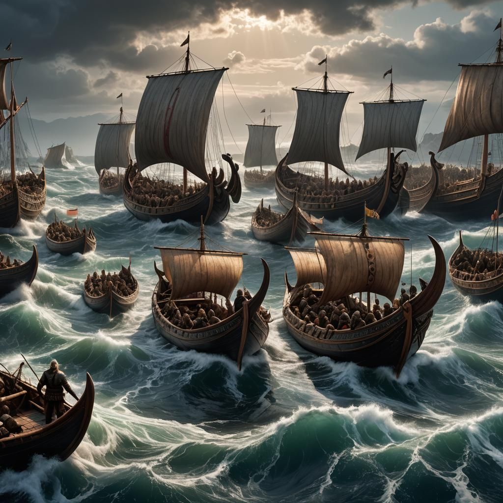 Viking long boats, full of warriors, battle the rough seas, ...