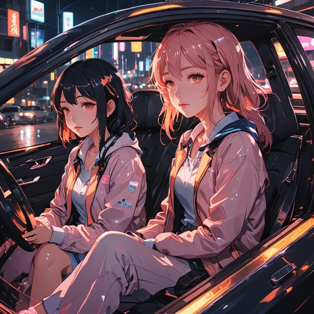 Anime Girls in Neon Cityscape: Digital Art