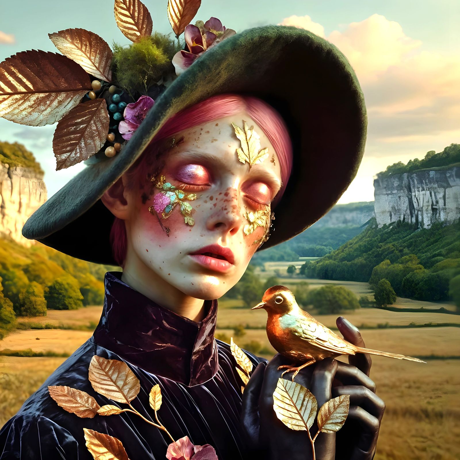 Ethereal Humanoid with Floral Face Paint in Dreamscape