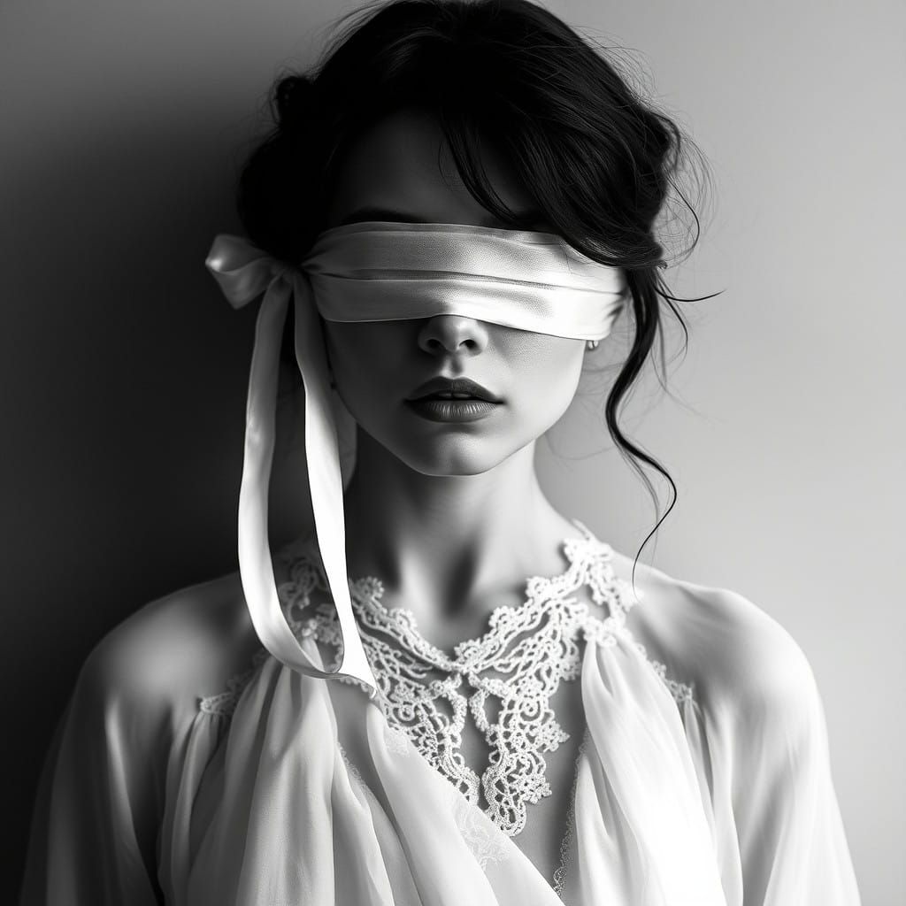 Surreal Black and White Portrait of Blindfolded Beauty in Wh...