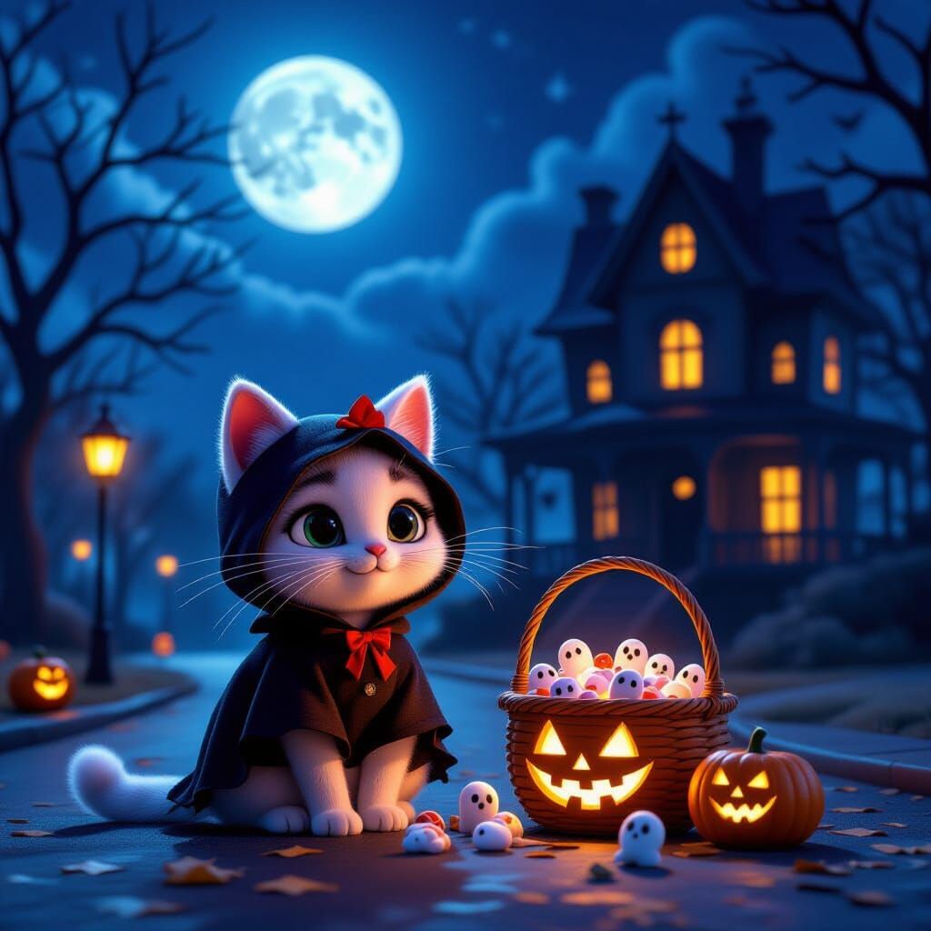 Cute Halloween Cat in Spooky Costume Under Ominous Moon