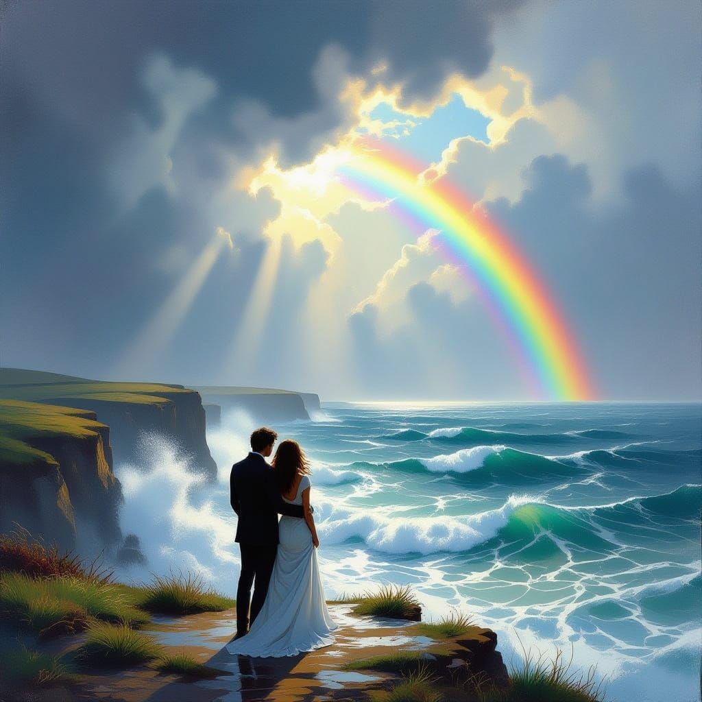 Lovers on Cliff Overlooking Rainbow Sea in Romantic Style