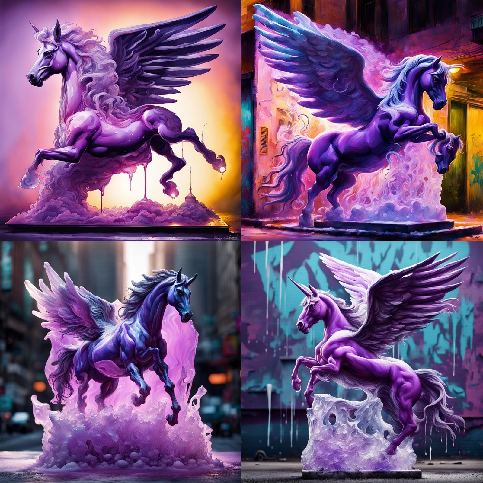 Purple Pegasus Ice Sculpture in Graffiti Art Style