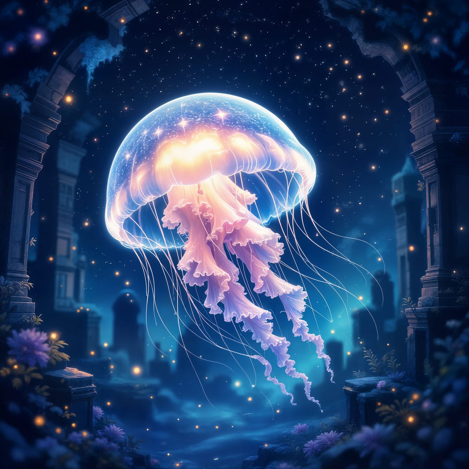 Bioluminescent Jellyfish in Starry Ocean, Watercolor Art