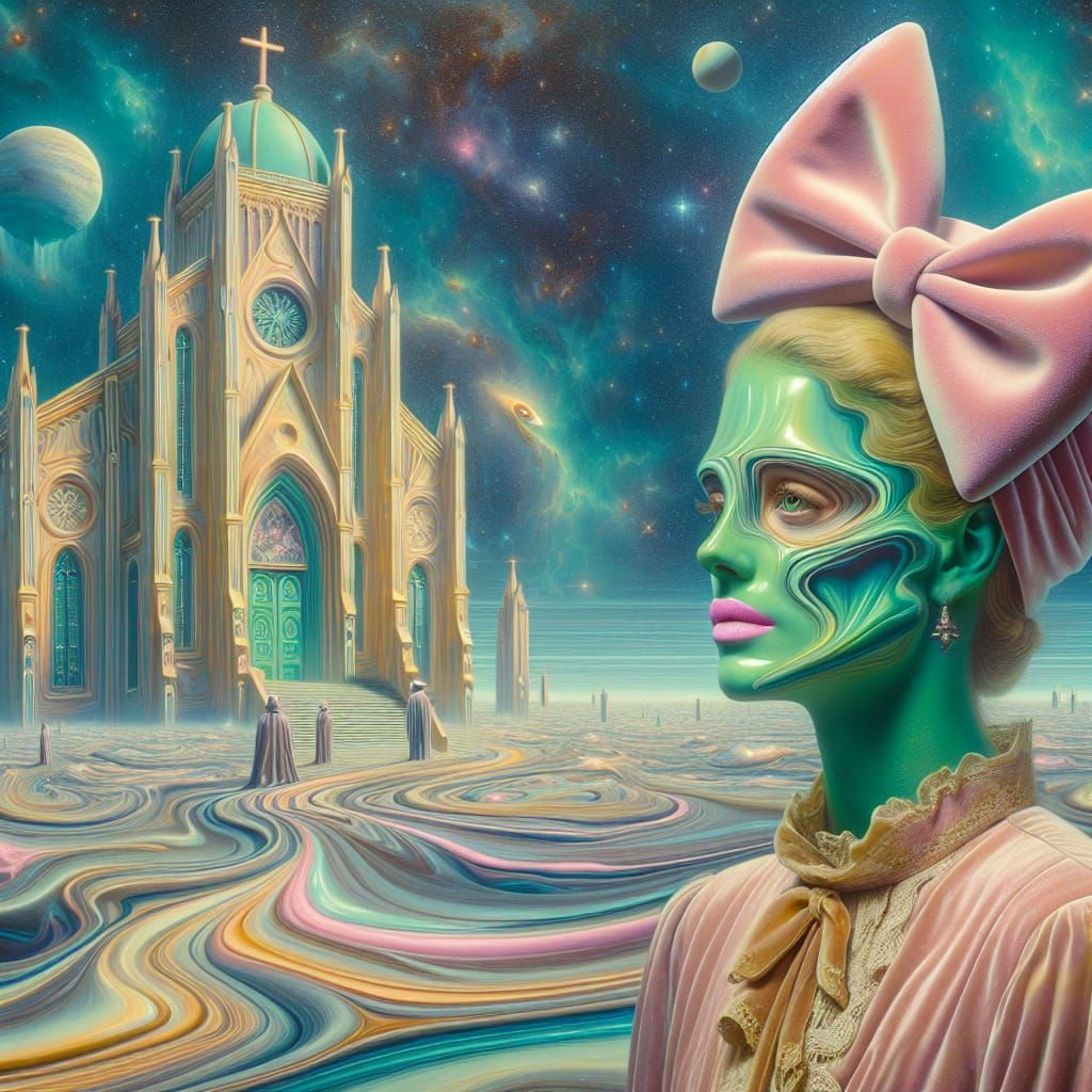 Surreal Woman in Alien Church, Art Nouveau Style