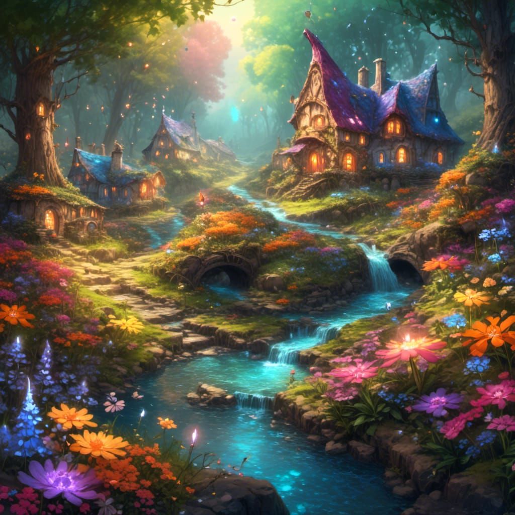 Enchanted Fairy Village with Magical Swirls