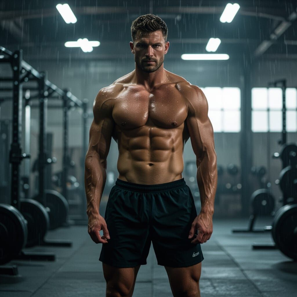 Intense Gym Scene with Dramatic Cinematic Lighting