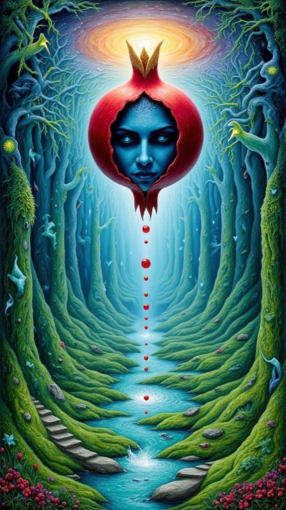 Surreal Face Above Mossy Labyrinth