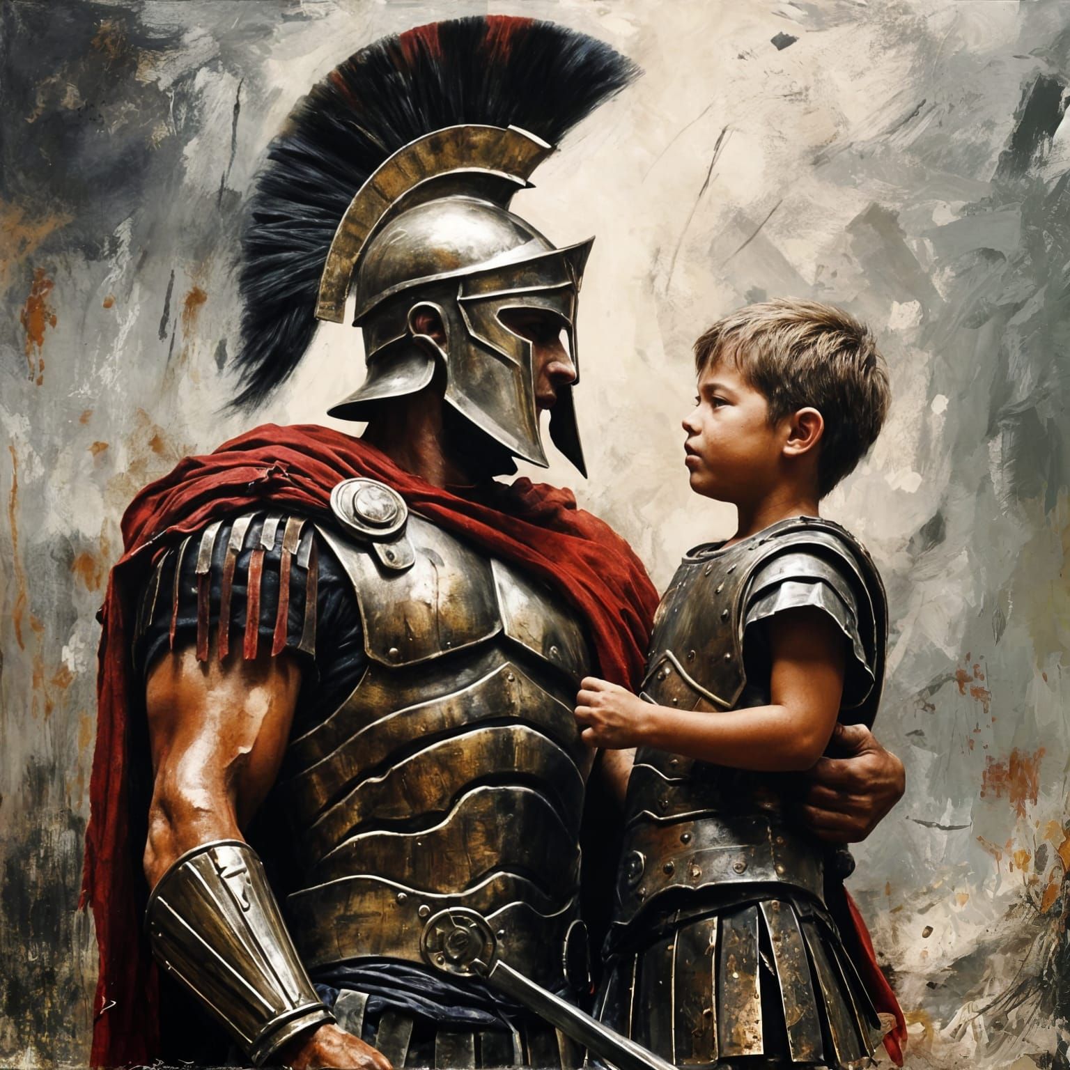 Spartan Father and Son Reunited, Grunge Oil Painting