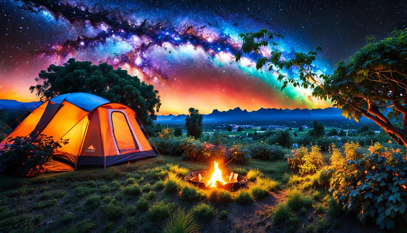 Cosmic Camping Setup with Vines in Hyperrealism