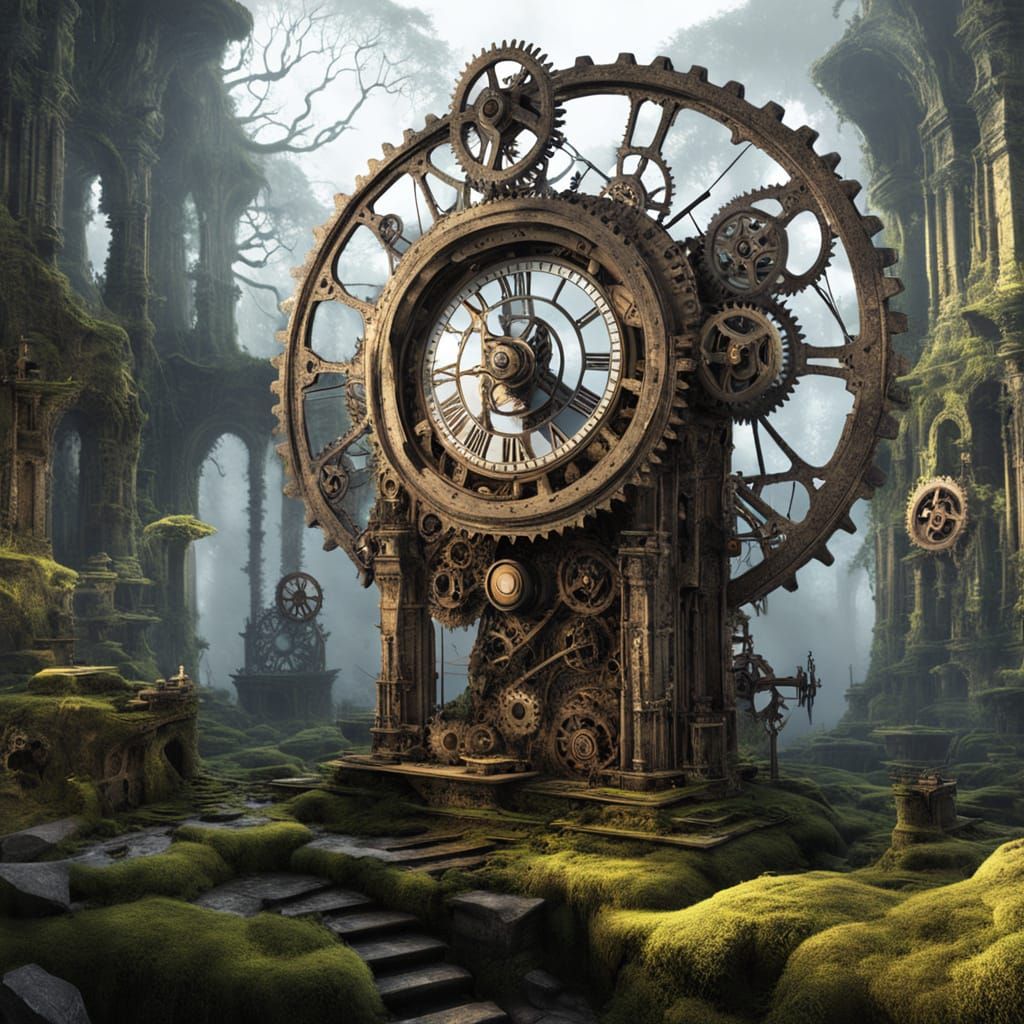 A majestic clockwork on a moss-covered, ancient stone ruin