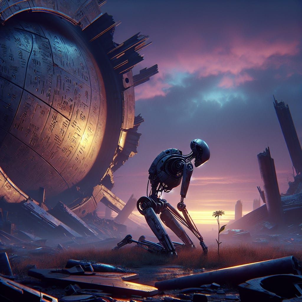 Cyberpunk Robot Amidst Alien Ruins Finds Solace in Lasting B...