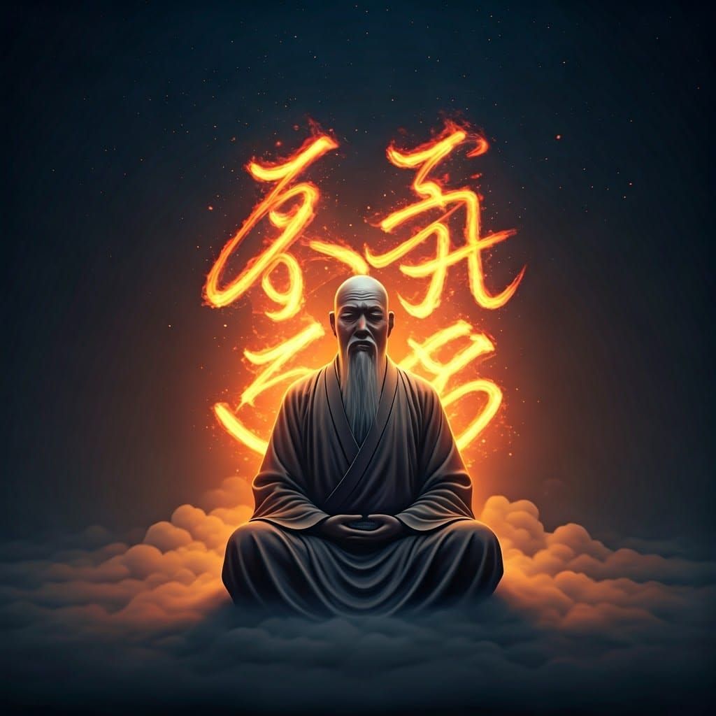 Mystical Chinese Magician in Fiery Contemplation