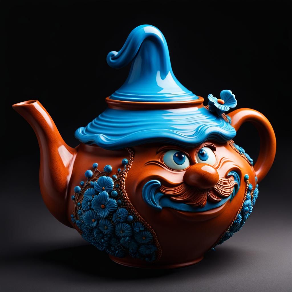 Eccentric Smurf Teapot: Intricate Clay Pottery