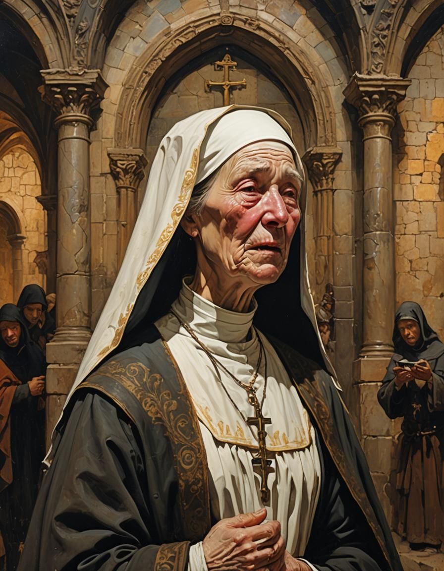 Nun Crying Before Altar in Rembrandt Style