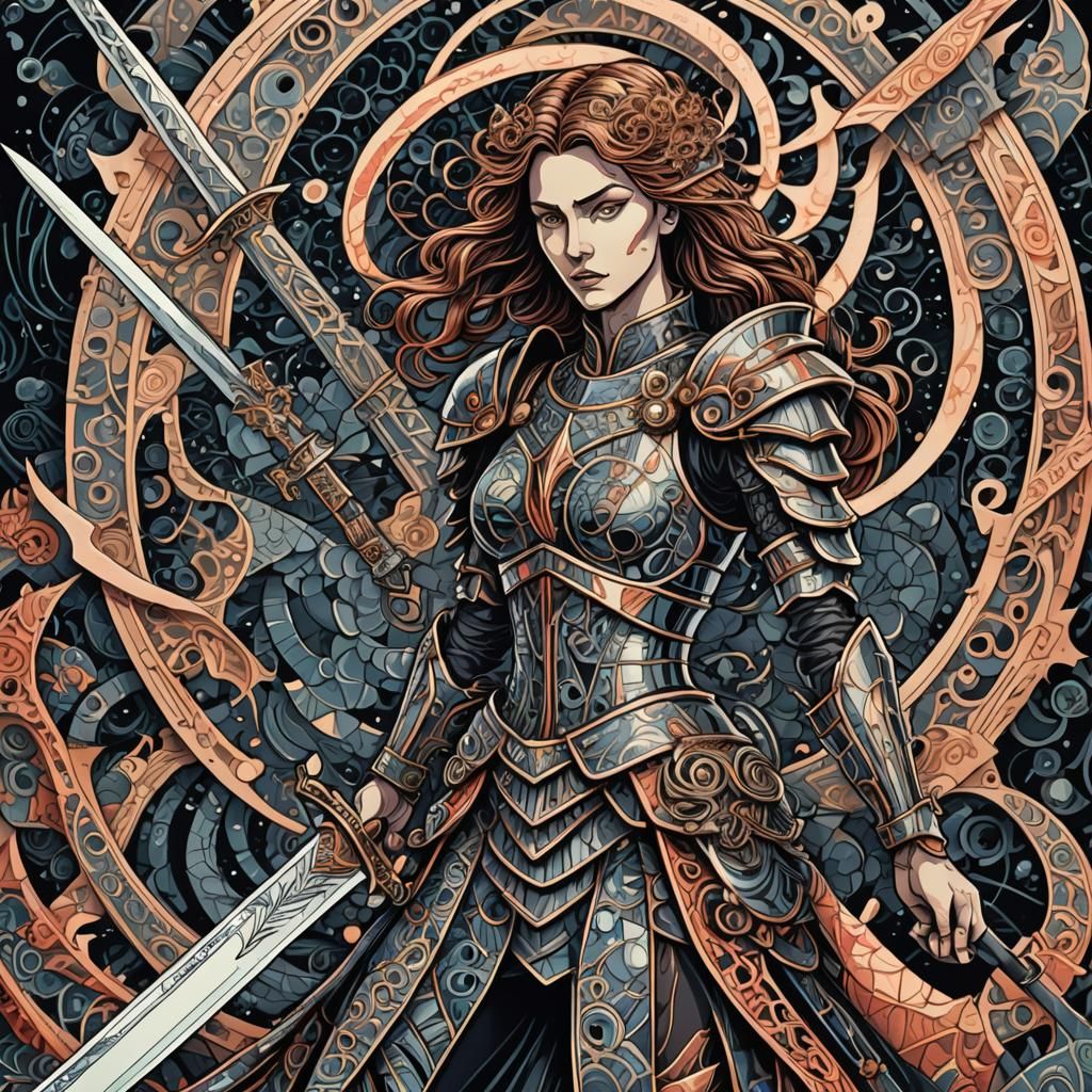 Victorious Bloodied Swordswoman in Abstract Vector Art