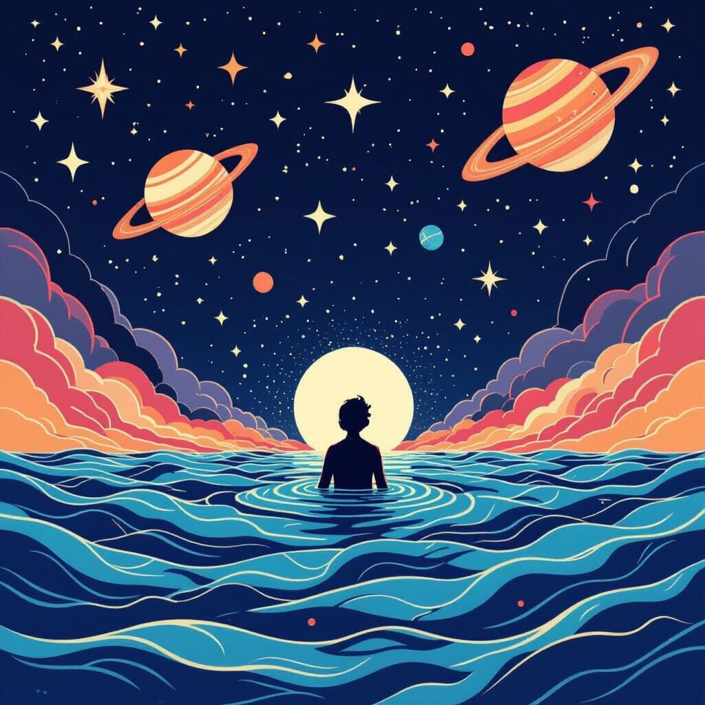 Celestial Emergence: A Whimsical Universe in Line Art