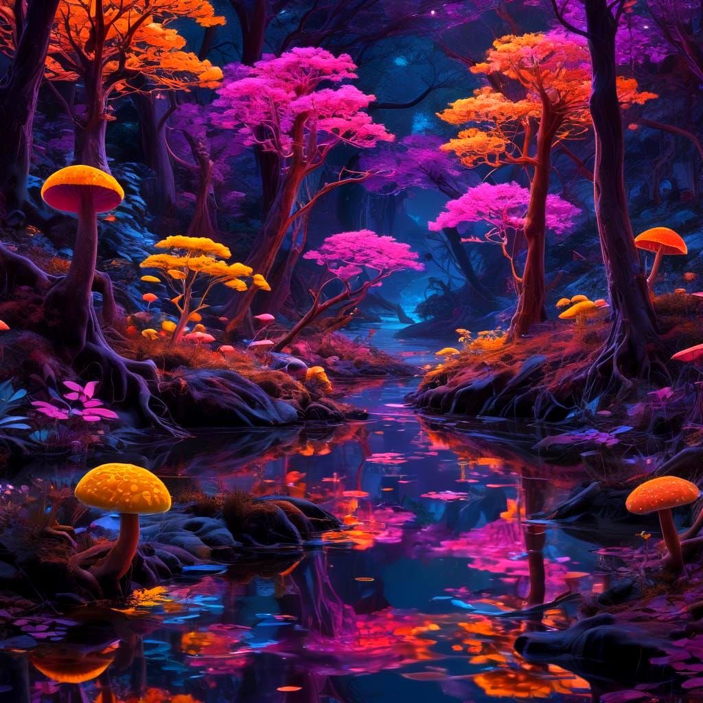Neon Fantasy: Bioluminescent River in Digital Art