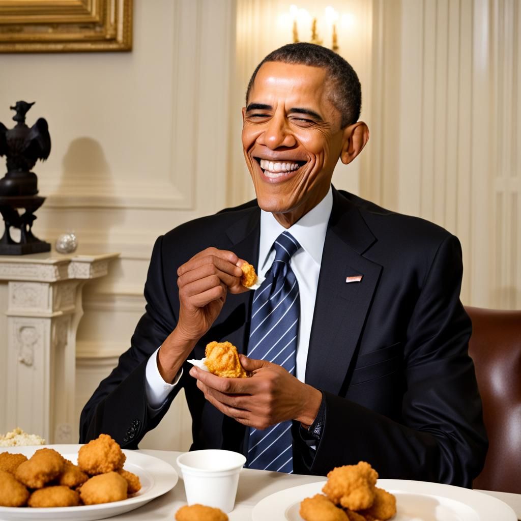 Obama eating KFC chicken nuggets in the white house