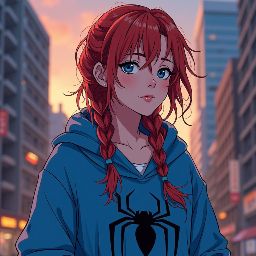 Girl Superhero in Cityscape at Dusk with Spider Emblem