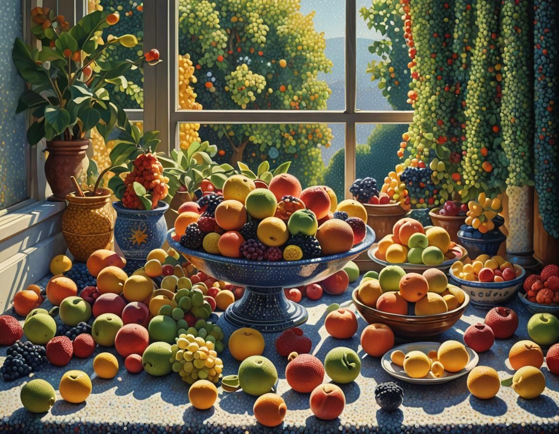 Pointillist Still Life with Fruit and Sunlight