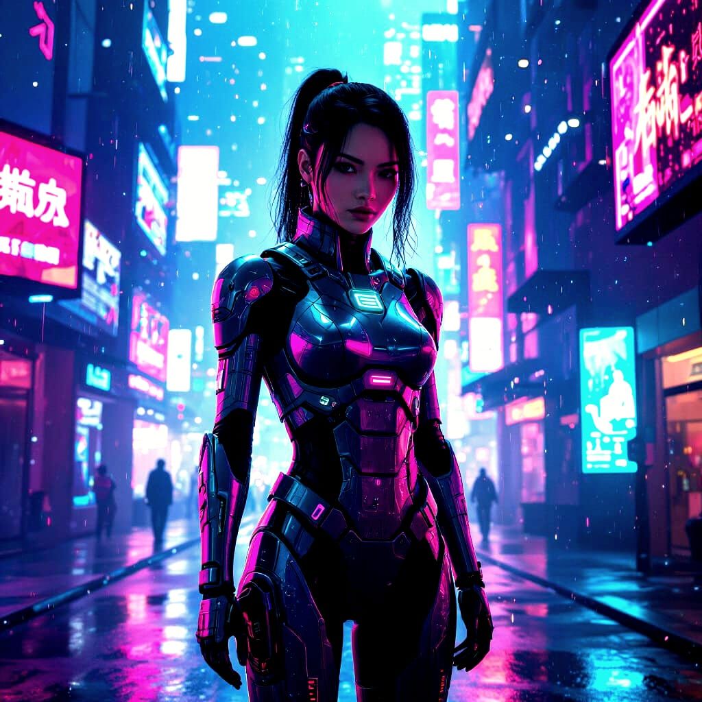 Surreal Abstract Character in Neon Cityscape