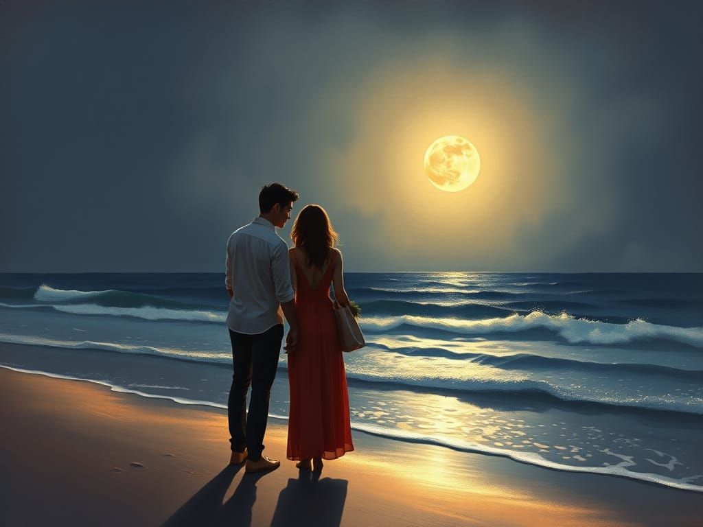 Romantic Beach Scene Under Moonlight