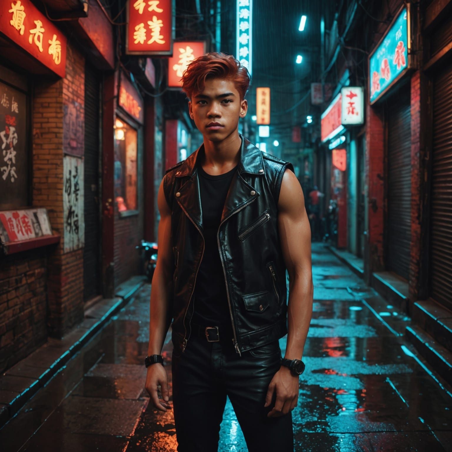 Teen in Rainy Alley with Neon Signs