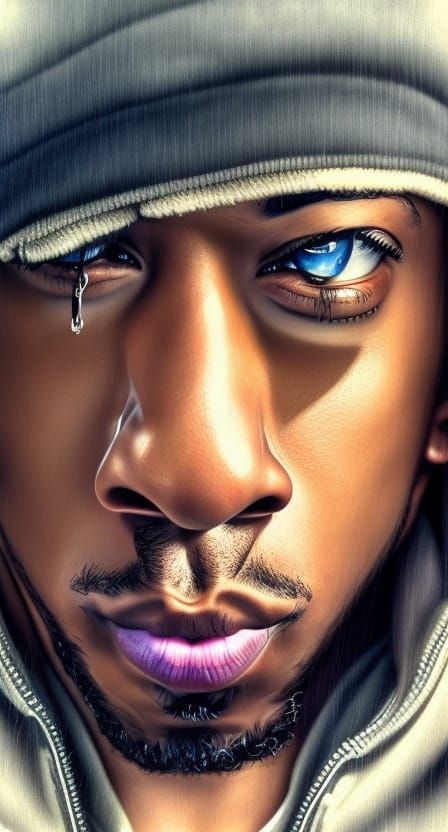 Hyperrealistic Rapper Ludacris Crying in Rain: Digital Art