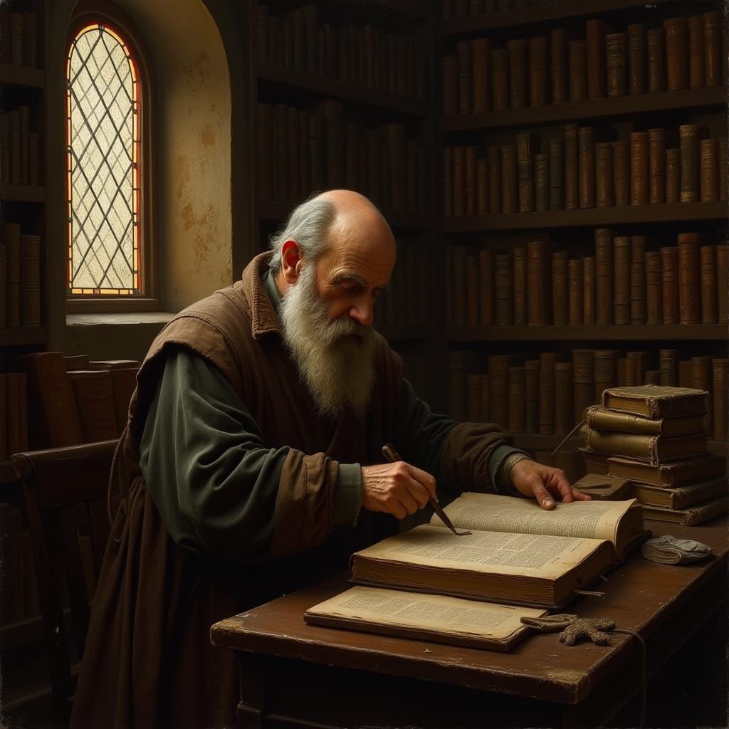 A Wise Old Scribe in a Dimly Lit Renaissance Library