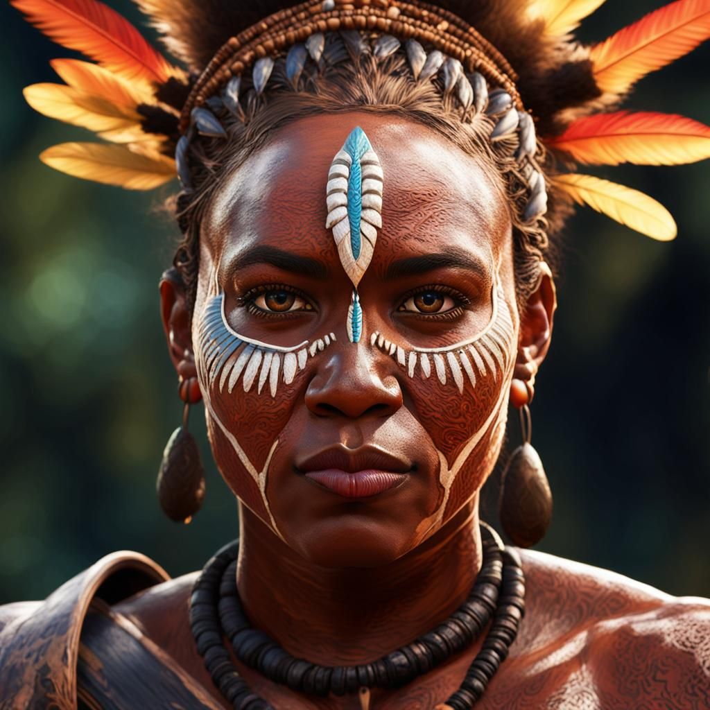 Tribal Female warrior, facing the camera, brown skinned, Papua New Guinean, Hyper realistic, splash art, concept art, mi...