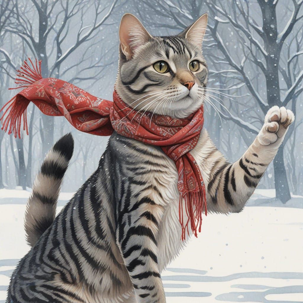 Whimsical Winter Cat in Art Nouveau Style