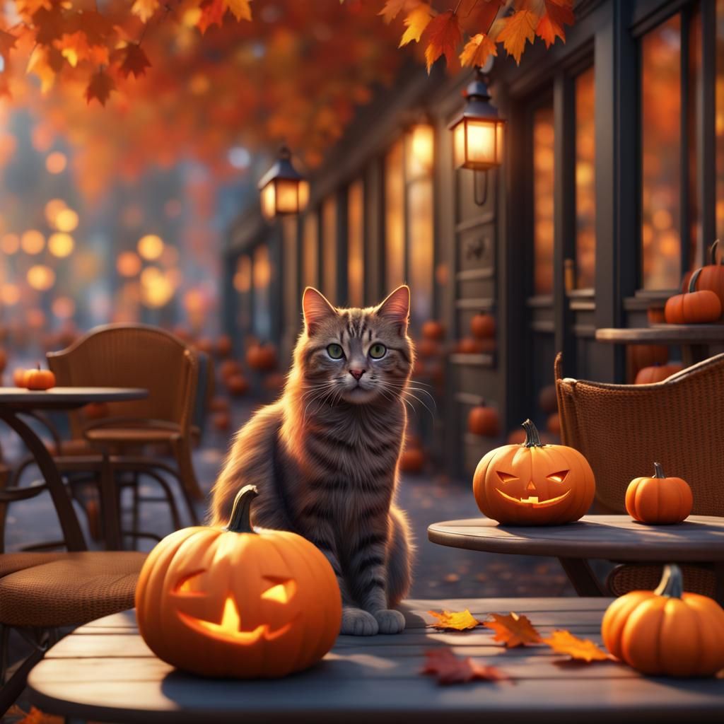 Cozy Autumn Cat with Pumpkin, Fantasy Concept Art