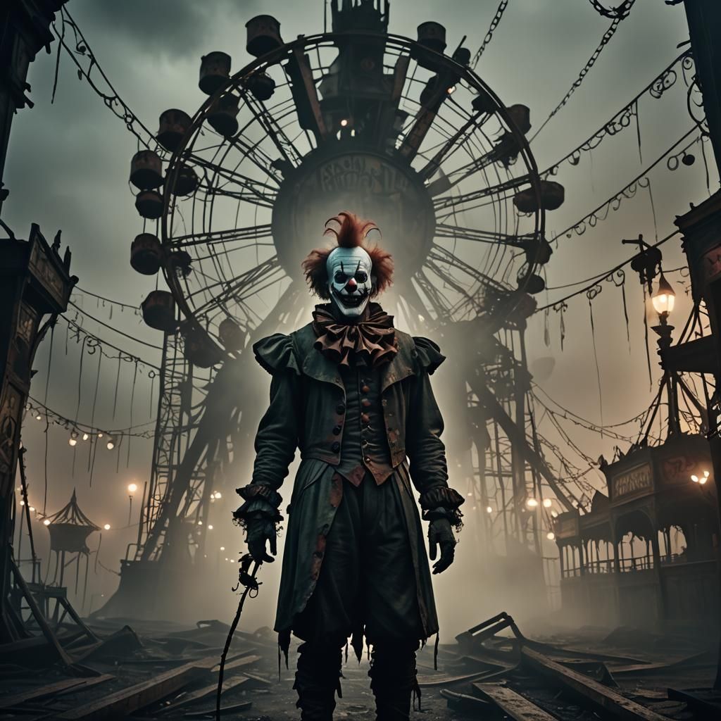 Demonic Clown in Ruined Carnival: Dark Fantasy Horror