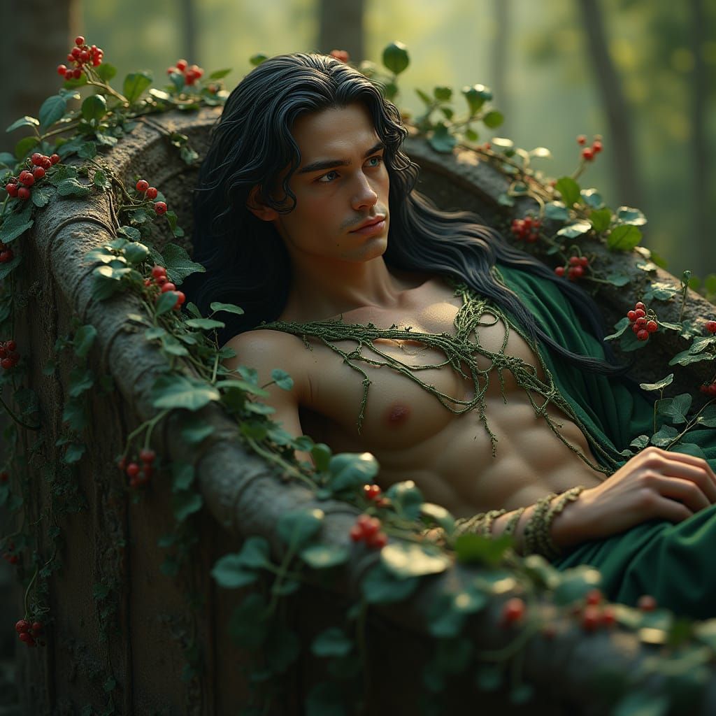 Ethereal Elf on Ancient Stone Sarcophagus with Vines and Ber...