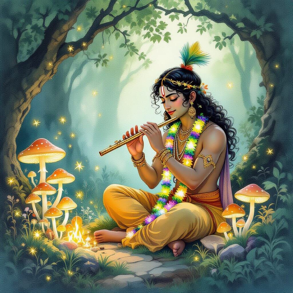 Krishna Tending Bioluminescent Mushrooms in Watercolor Style