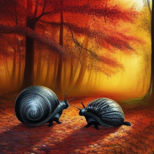 Black Snails Stroll on Autumn Path: Watercolor Art