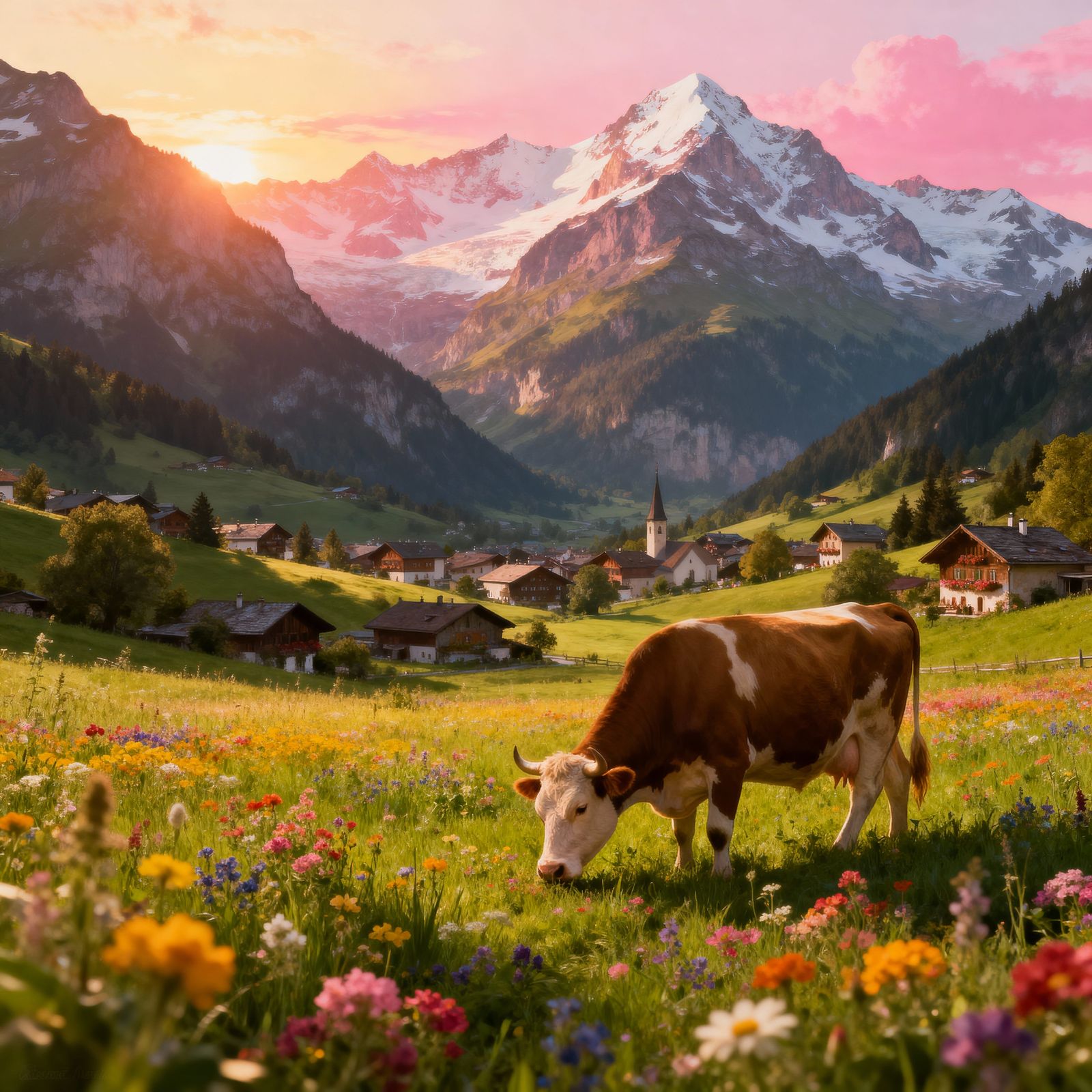 Swiss Alps Sunrise Storybook Village Illustration