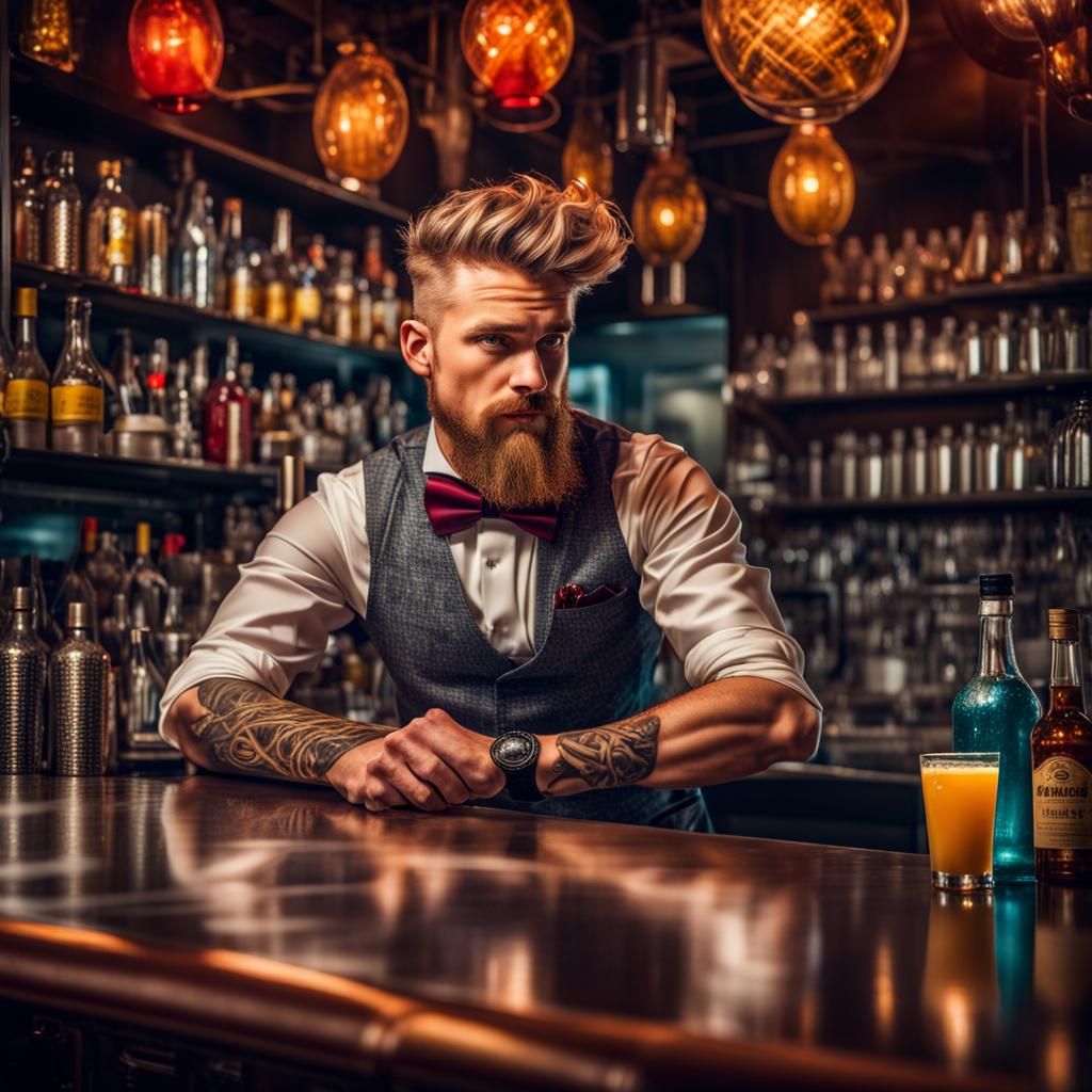 Hyperrealistic Bartender Portrait in Vivid Colors