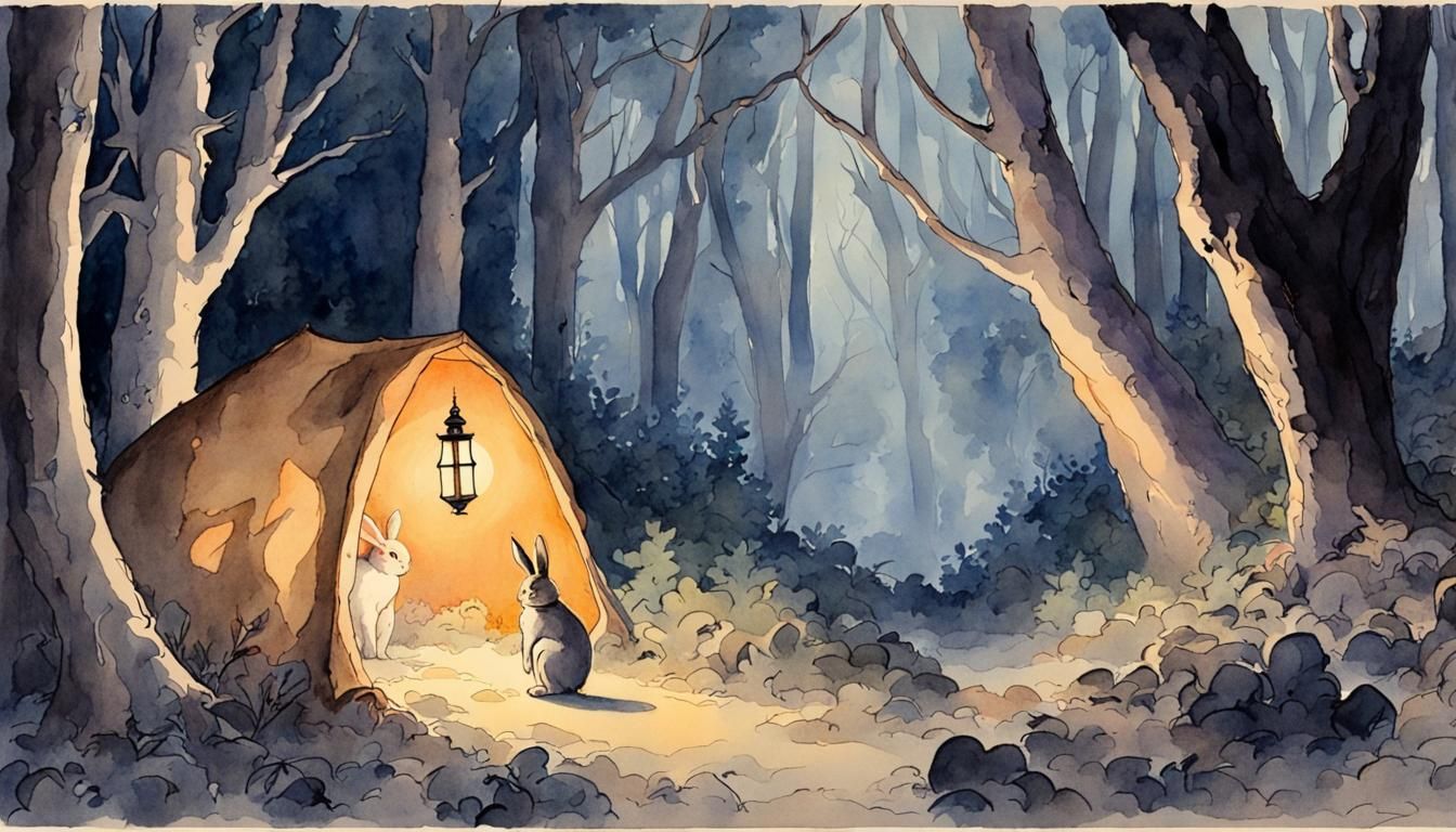 Rabbit and Demons in Woods, Watercolor Style