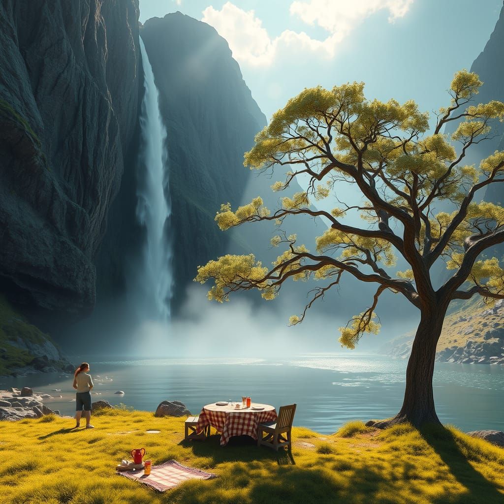 Misty Waterfall and Riverbank Picnic in 3D Style
